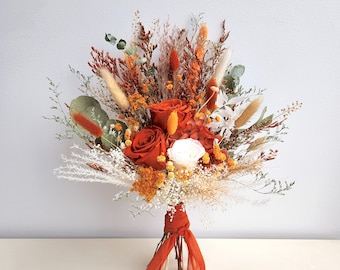 Burnt Orange Dried Flower Bouquet, Rustic Wedding Flower Arrangement