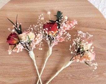 Dried Rose Hair Pins, Pink, Red and Greenery, Wedding Headpiece, Event Hair Accessories