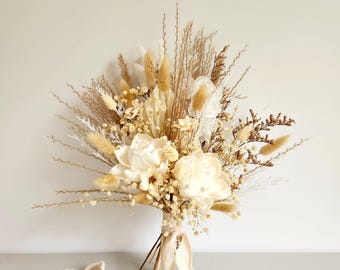 Boho Neutral Tone Dried Flower Bouquet, Ivory, Beige, Wedding Floral Arrangement