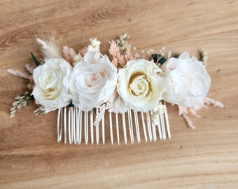 Pale Pink Rose Hair Comb, Dried Flower Hair Accessory, Wedding Floral