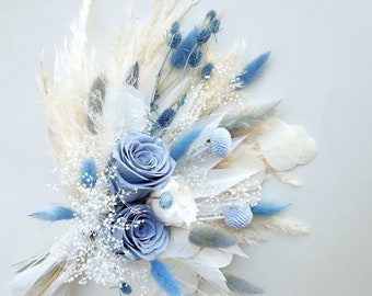 Dusty Blue Dried Flower Bouquet, Blue and Ivory Dried Flower Wedding Bouquet