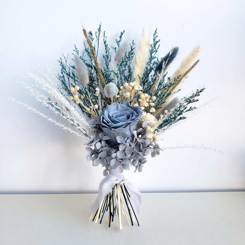 Preserved Flower Bouquet, Dusty Blue, Teal Blue Dried Flower Wedding Bouquet image 4