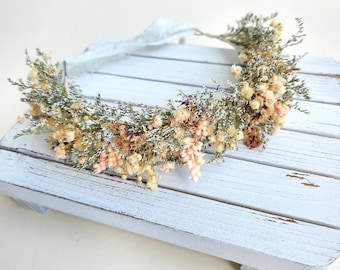 Rustic Dainty Dried Flower Crown, Child Flower Halo, Birthday Flowers, Wedding Headpiece