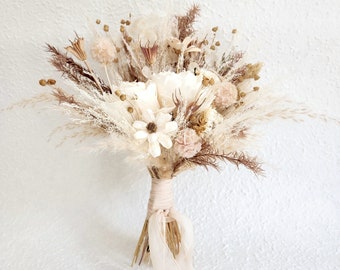 Boho Neutral Tone Dried Flower Bouquet, Ivory, Beige, Wedding Floral Arrangement