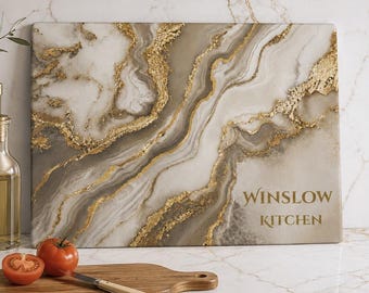 Gepersonaliseerde neutraal marmeren glazen snijplank, ivoor taupe goud keukendecor, verjaardagscadeau, gastvrouw cadeau, huwelijkscadeau, housewarming cadeau