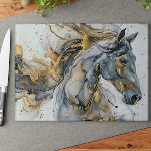Abstract horse glass cutting board on kitchen counter with knife, modern equestrian decor, decorative cutting board, horse lover gift