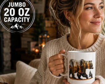 20 oz Grizzly Bear Mug, Jumbo Coffee Mug, Large Ceramic Coffee Cup, Bear Gift for Men, Outdoor Lover Gift, Cabin Housewarming Gift