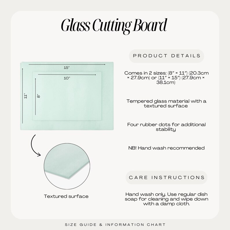 May include: A rectangular glass cutting board with the text "Glass Cutting Board". It comes in two sizes: 8" x 11" and 11" x 15". The board is made of tempered glass with a textured surface and has four rubber dots for stability.