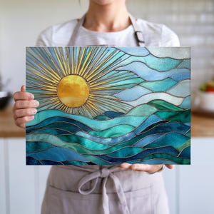 Stained Glass Ocean Sunrise Glass Cutting Board | Stained Glass Sun & Waves, Coastal Kitchen Decor, Beach House Decor, Housewarming Gift