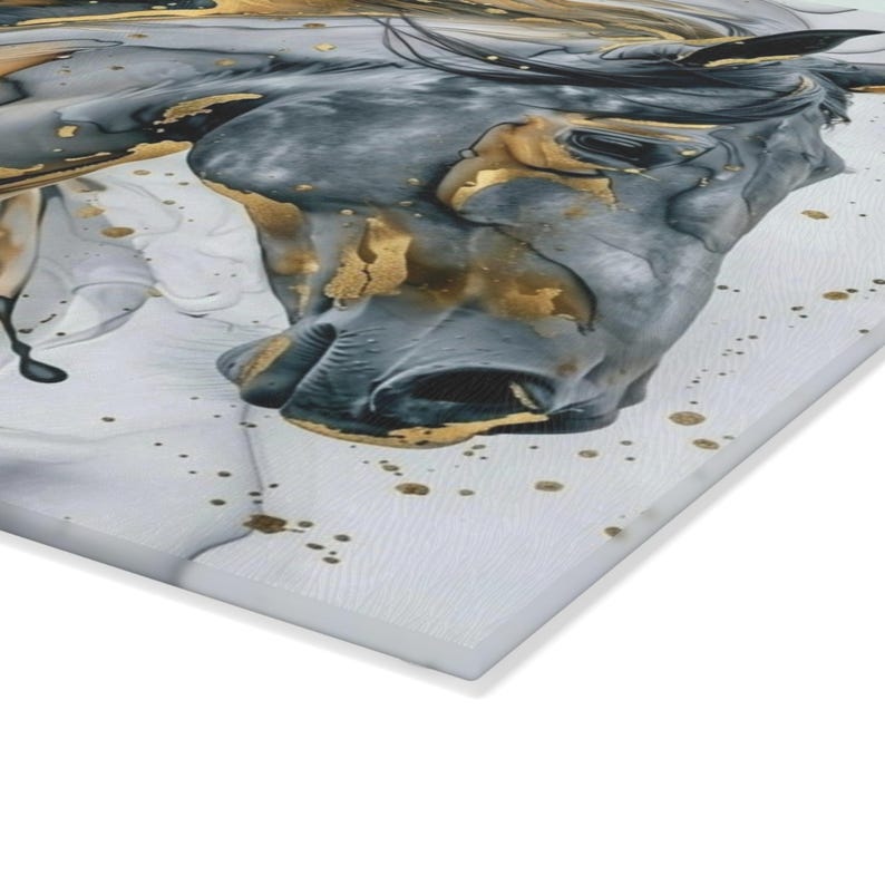 Close-up of abstract horse artwork on textured tempered glass cutting board, fine art detail, luxury kitchen decor