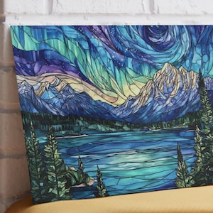 Stained Glass mountain landscape glass cutting board displayed upright against kitchen wall