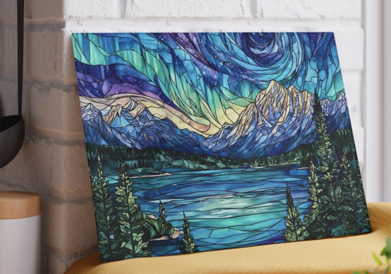 Stained Glass mountain landscape glass cutting board displayed upright against kitchen wall
