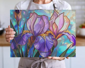 Stained Glass Iris Cutting Board | Floral Glass Kitchen Decor, February Birth Flower Gift, Elegant Botanical Art for Home, Gift for Cooks