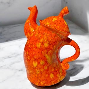Whimsical Ceramic Teapot Orange  ~ 9&quot; Tall, 32oz Teapot  ~ Ceramic Orange Teapot ~ Mothers Day Gift - One of a Kind Art!