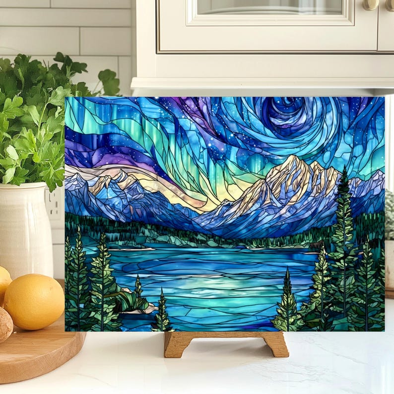 Northern Lights cutting board, displayed on an easel showing stained glass home decor.