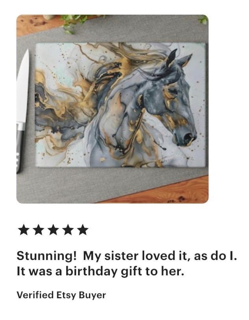 Five star review for abstract horse cutting board, western kitchen decor, horse kitchen art gift