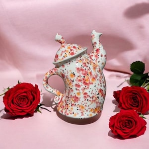 Whimsical Ceramic Teapot Red Orange and White  ~ 9&quot; Tall ~ Holds 32oz ~ Orange and Red Teapot ~ Mothers Day Gift ~ One of a Kind Art!