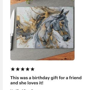 Happy customer review showing horse cutting board used as kitchen decor, ranch home style, charcuterie board