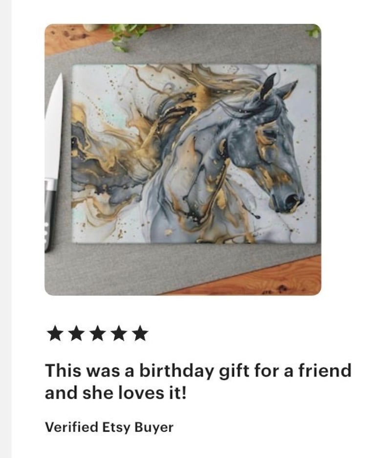Happy customer review showing horse cutting board used as kitchen decor, ranch home style, charcuterie board