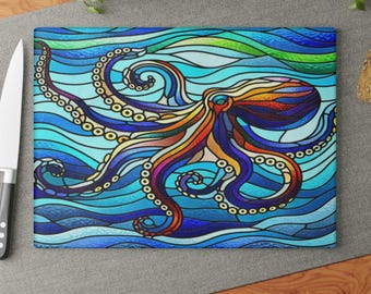 Stained Glass Octopus Glass Cutting Board | Ocean Kitchen Decor, Nautical Coastal Gift, Tempered Glass Cutting Board