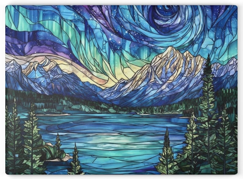 Overhead flat lay of mountain arora borealis cutting board with lake landscape