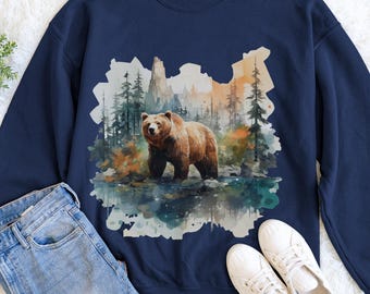 Unisex Retro Grizzly Bear Mountain Sweatshirt, Grizzly Bear Mountain Sweatshirt, Wilderness Wildlife Crewneck for Nature Lovers, Hunter Gift