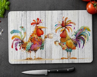 Rooster Glass Cutting Board, Farmhouse Kitchen Decor, Chicken Decor, Colorful Rooster Art, Country Kitchen Gift, Charcuterie Board