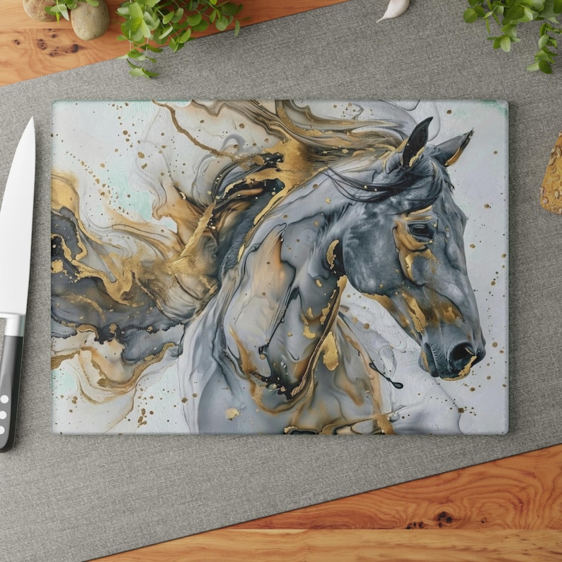 Abstract horse glass cutting board on kitchen counter with knife, modern equestrian decor, decorative cutting board, horse lover gift