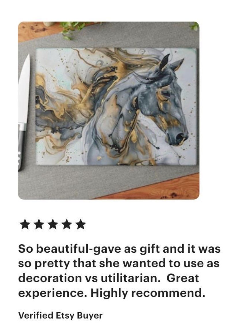 This modern abstract horse cutting board received another 5-star review from a happy customer stating “So beautiful - gave as gift and it was so pretty that she wanted to use as decoration vs utilitarian. Great experience and highly recommended”.