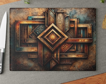 Art Deco Industrial Geometric Glass Cutting Board, Bronze Copper Teal Kitchen Decor, Modern Countertop Art, Gift for Him, Gifts for Chefs