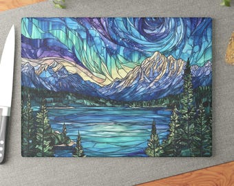 Northern Lights Stained Glass Cutting Board | Aurora Borealis Stained Glass Chopping Board, Stained Glass Mountain Charcuterie Board