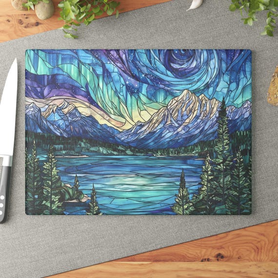Northern Lights Stained Glass Cutting Board | Aurora Borealis Stained Glass Chopping Board, Stained Glass Mountain Charcuterie Board