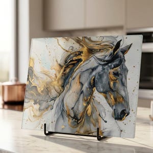 Horse glass cutting board styled in modern farmhouse kitchen, ranch decor, equestrian home decor, unique horse gift