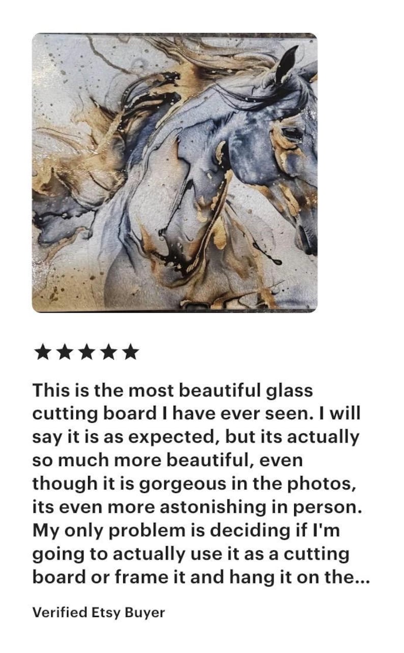 Verified buyer review for horse glass cutting board, equestrian gift idea, decorative cutting board display