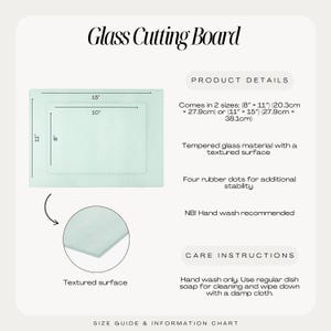 Infographic showing glass cutting board dimensions and features: small 8 x 11 and large 11 x 15 inches, textured tempered glass surface detail, rubber dots underneath for stability, and care instructions to hand wash with regular dish soap.
