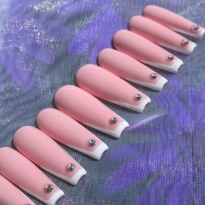 Pink French Tip Press-On Nails / Rhinestone Nails