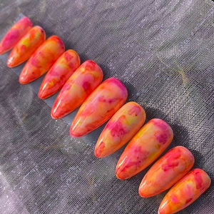 Watercolor Press On Nails / Red Pink Orange Yellow Nails