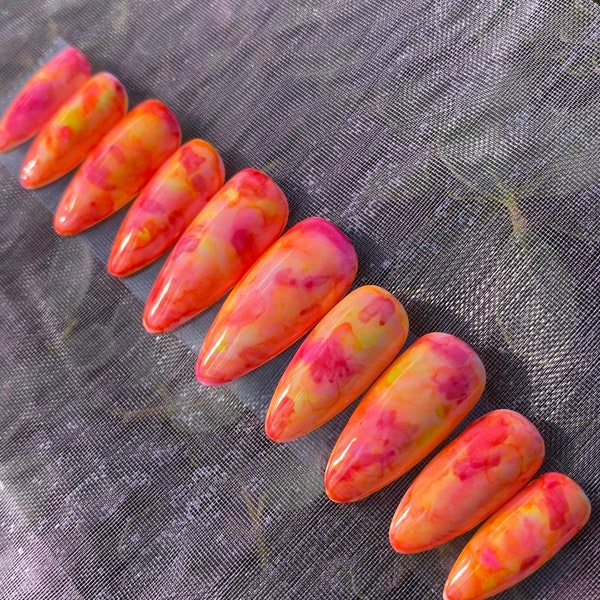 Watercolor Press On Nails / Red Pink Orange Yellow Nails