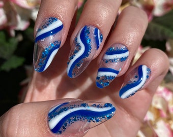 Blue Swirl Abstract Press On Nails / Glossy Nails