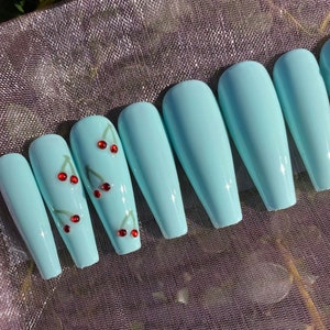 Cherry Rhinestone Nails / Baby Blue Nails / Press On Nails