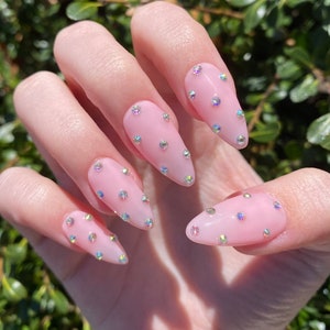 Pink Rhinestone Nail Art Press On Nails, Matte Pink Nails With Rhinestone  Nail A