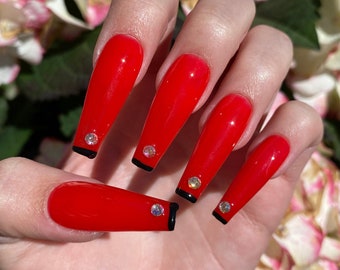 Red Black French Tip Press-On Nails / Rhinestone Nails