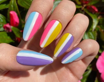 Summer Color Block Press On Nails / Purple Blue Pink Yellow