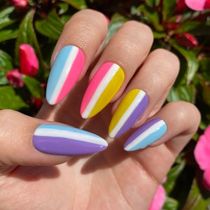 Summer Color Block Press On Nails / Purple Blue Pink Yellow