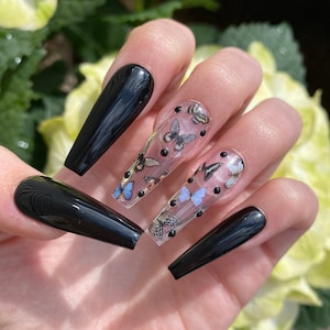 Black Butterfly Press On Nails / Black Rhinestones image 1