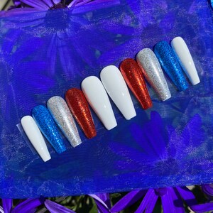 USA Nails / Red White and Blue Press On Nails / Glitter Nails image 9