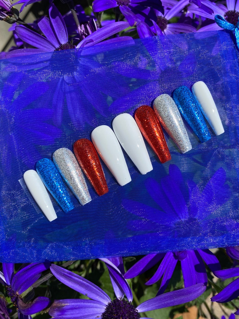 USA Nails / Red White and Blue Press On Nails / Glitter Nails image 9