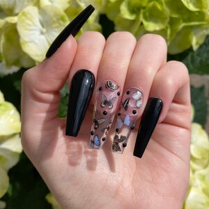 Black Butterfly Press On Nails / Black Rhinestones image 6