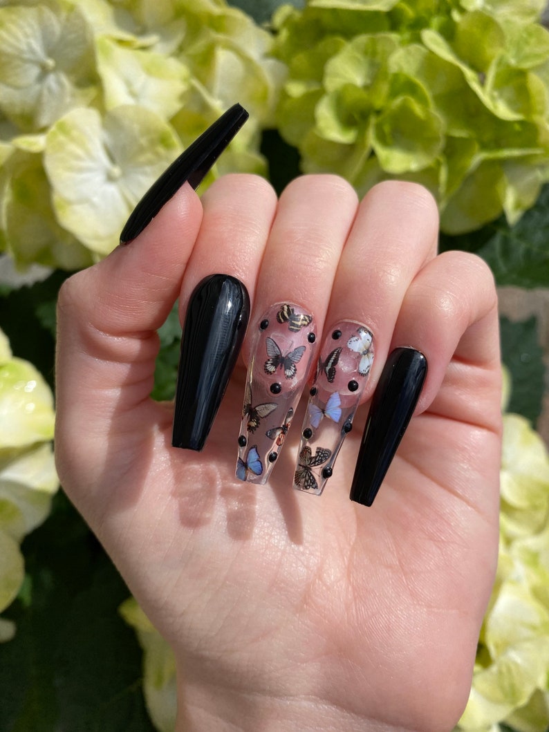 Black Butterfly Press On Nails / Black Rhinestones image 6