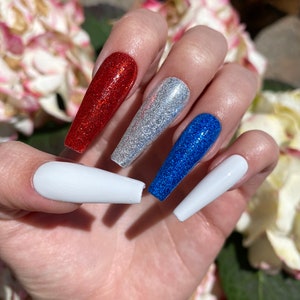 USA Nails / Red White and Blue Press On Nails / Glitter Nails